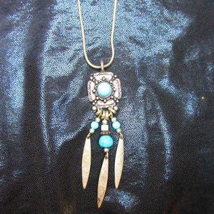 Adjustable Silver Necklace With Blue Turquoise Glass Inspired Focal Piece